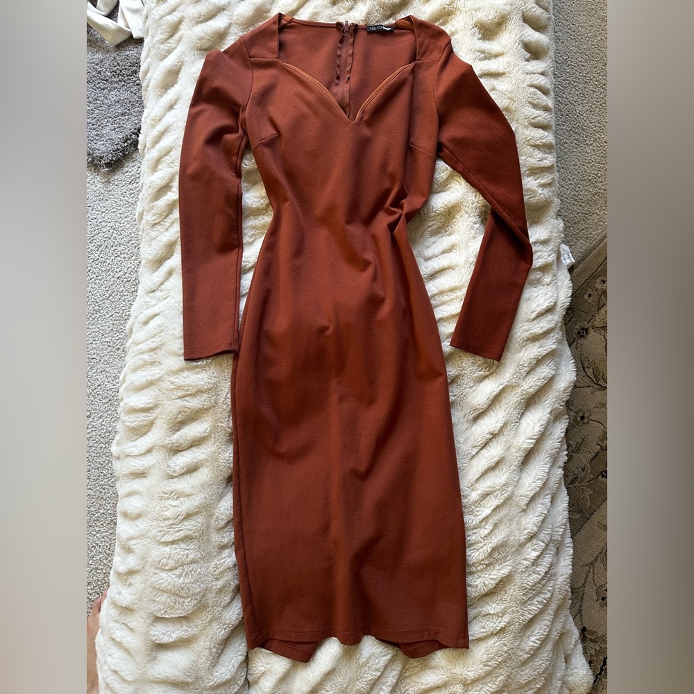 💓 Fashionnova brown winter dress long maxi stretchy casual night out